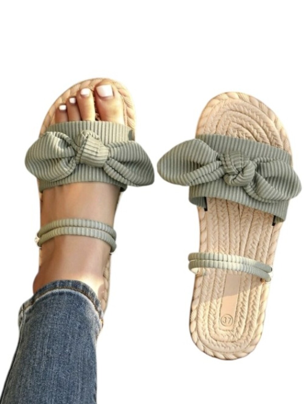 Sage Bow Strap Slide Sandals Size 39/7 In EUC